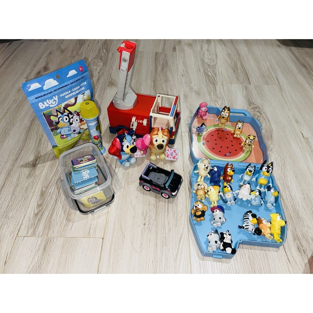 HUGE Bluey Lot Family Figures Toys Case Fires Truck Puzzle More